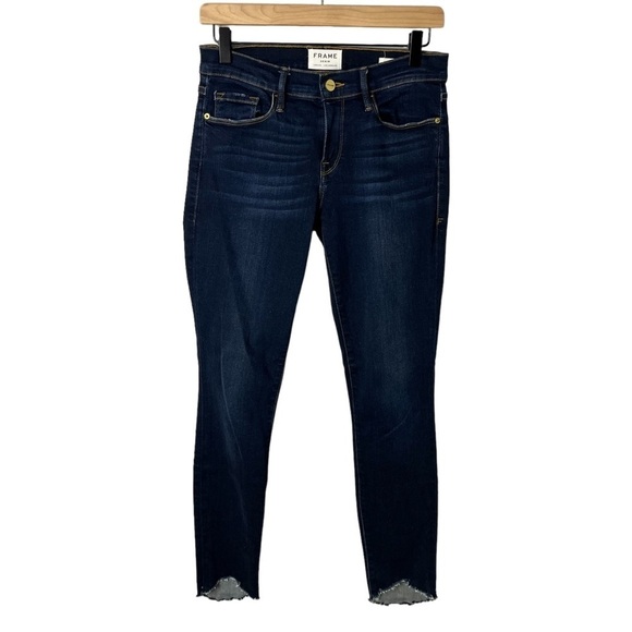 Frame Denim Le Skinny De Jeanne Jeans Dark Wash Size 27 Low Rise Chewed Hem - Picture 1 of 9